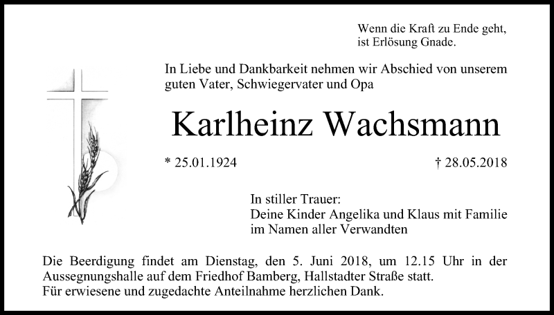  Traueranzeige für Karlheinz Wachsmann vom 02.06.2018 aus MGO