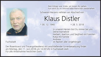Anzeige von Klaus Distler von MGO