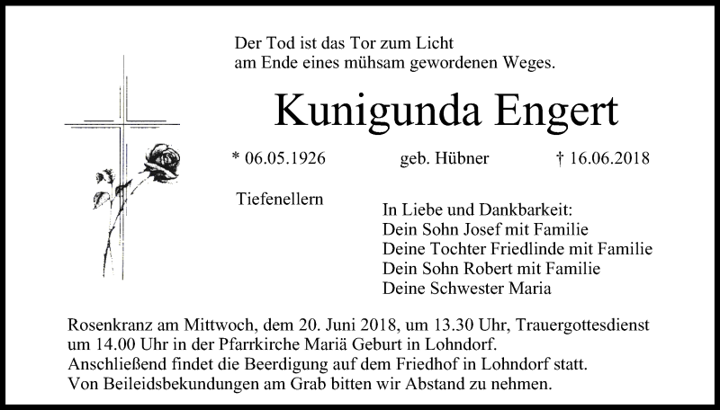  Traueranzeige für Kunigunda Engert vom 19.06.2018 aus MGO