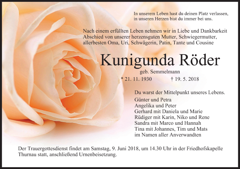  Traueranzeige für Kunigunda Röder vom 05.06.2018 aus MGO