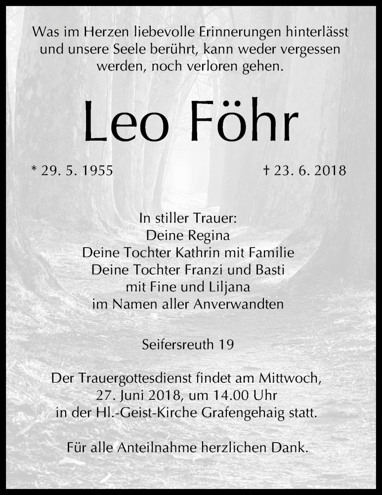  Traueranzeige für Leo Föhr vom 25.06.2018 aus MGO
