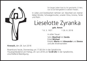 Anzeige von Lieselotte Zyranka von MGO