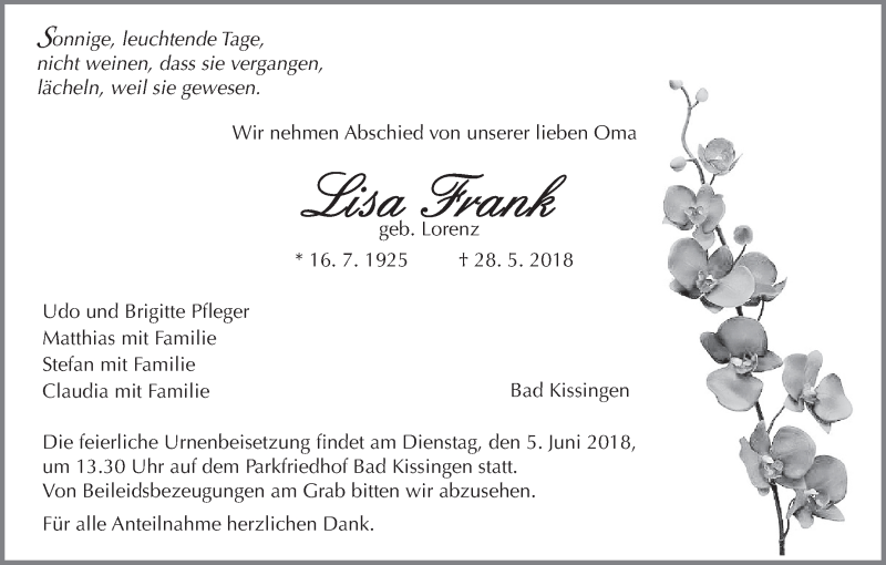  Traueranzeige für Lisa Frank vom 02.06.2018 aus MGO