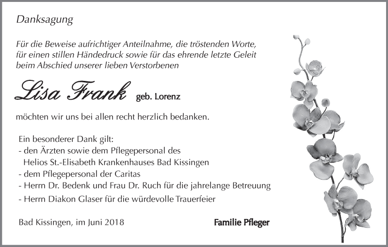  Traueranzeige für Lisa Frank vom 16.06.2018 aus MGO