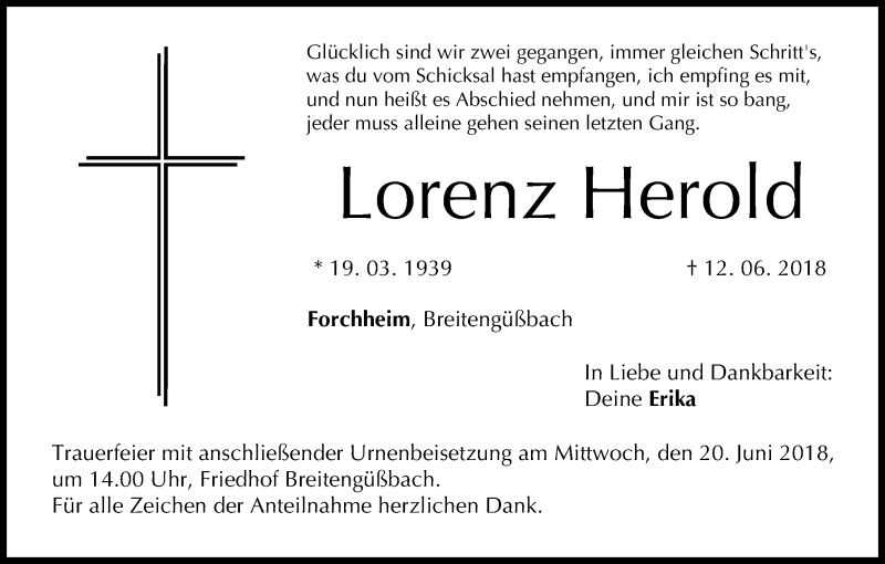  Traueranzeige für Lorenz Herold vom 16.06.2018 aus MGO
