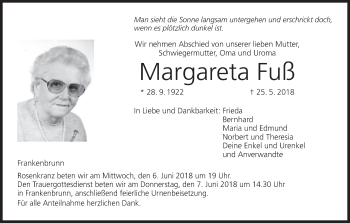 Anzeige von Margareta Fuß von MGO