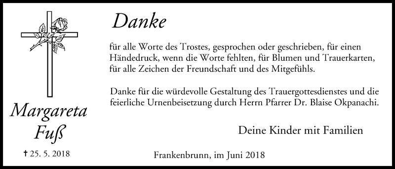  Traueranzeige für Margareta Fuß vom 23.06.2018 aus MGO