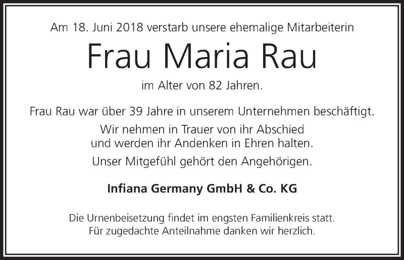  Traueranzeige für Maria Rau vom 26.06.2018 aus MGO