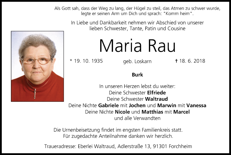  Traueranzeige für Maria Rau vom 23.06.2018 aus MGO