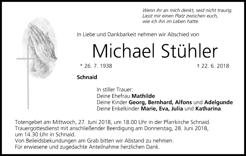  Traueranzeige für Michael Stühler vom 26.06.2018 aus MGO