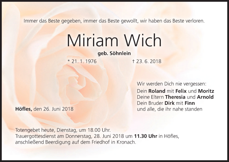  Traueranzeige für Miriam Wich vom 26.06.2018 aus MGO