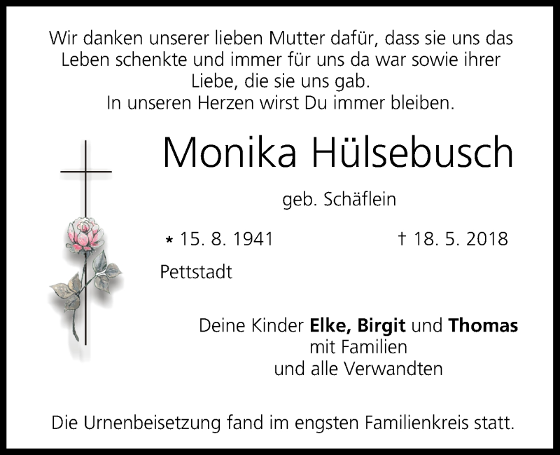  Traueranzeige für Monika Hülsebusch vom 09.06.2018 aus MGO