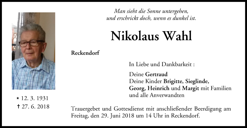  Traueranzeige für Nikolaus Wahl vom 29.06.2018 aus MGO