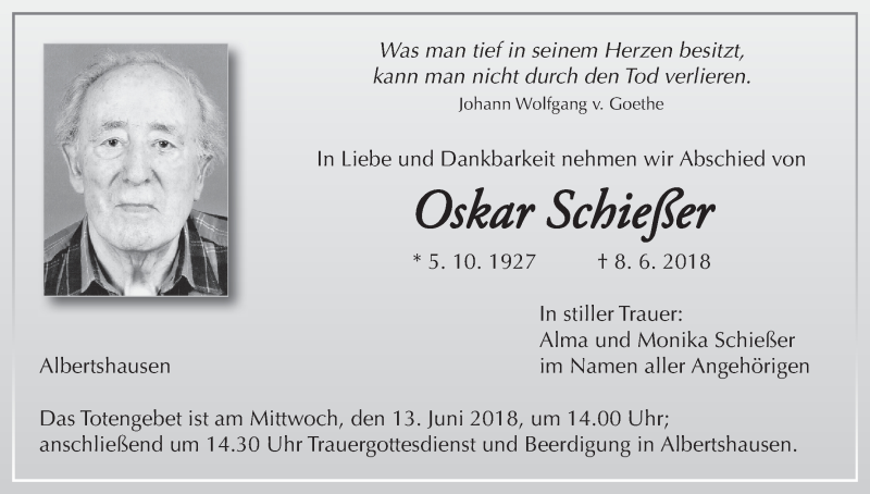  Traueranzeige für Oskar Schießer vom 11.06.2018 aus MGO