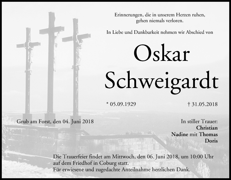  Traueranzeige für Oskar Schweigardt vom 04.06.2018 aus MGO