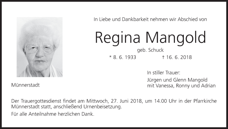  Traueranzeige für Regina Mangold vom 23.06.2018 aus MGO