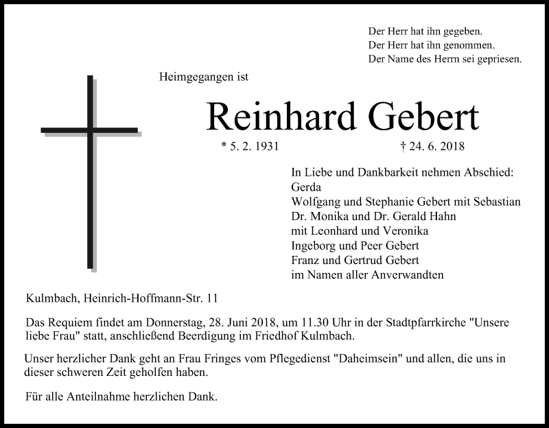  Traueranzeige für Reinhard Gebert vom 26.06.2018 aus MGO