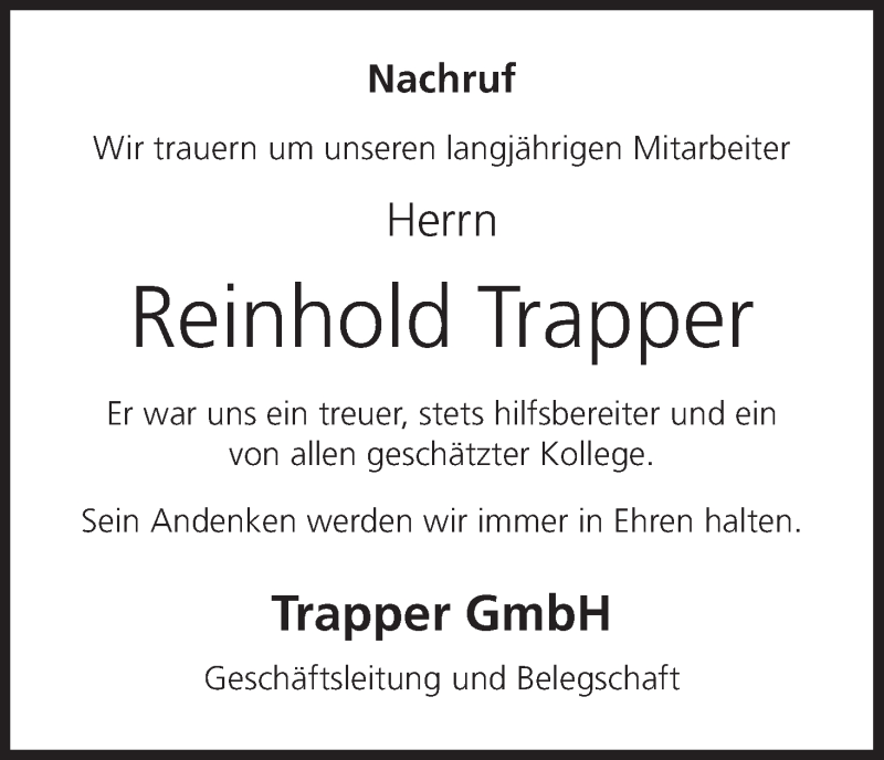  Traueranzeige für Reinhold Trapper vom 02.06.2018 aus MGO
