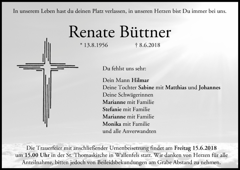  Traueranzeige für Renate Büttner vom 13.06.2018 aus MGO
