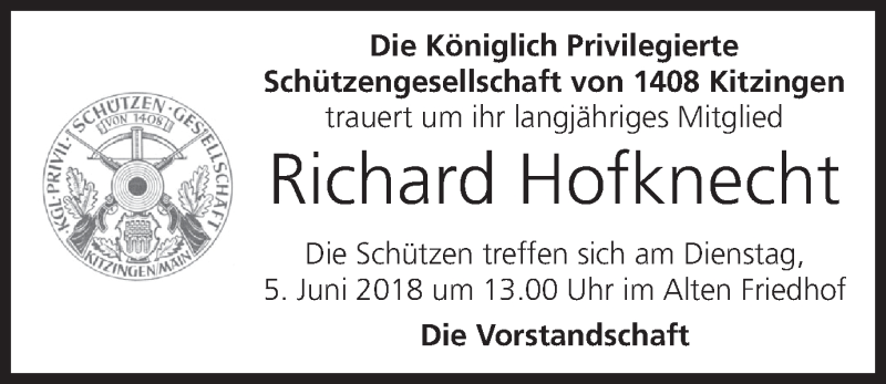  Traueranzeige für Richard Hofknecht vom 04.06.2018 aus MGO