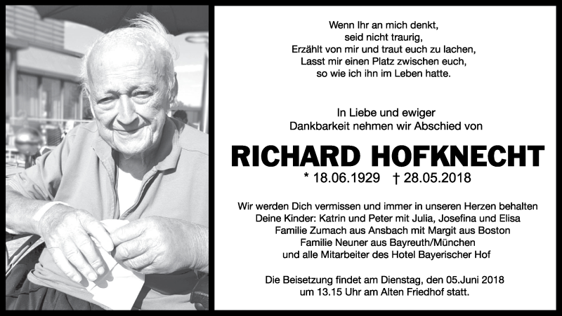  Traueranzeige für Richard Hofknecht vom 04.06.2018 aus MGO