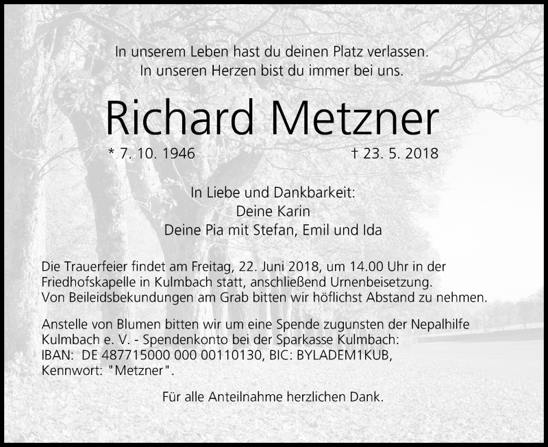 Traueranzeige für Richard Metzner vom 19.06.2018 aus MGO