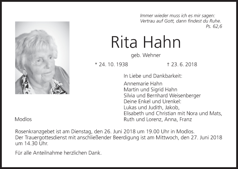  Traueranzeige für Rita Hahn vom 25.06.2018 aus MGO