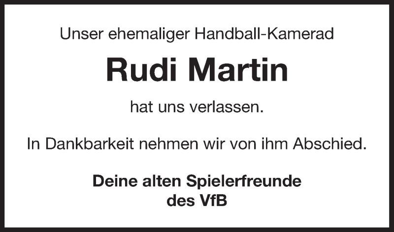  Traueranzeige für Rudi Martin vom 27.06.2018 aus MGO