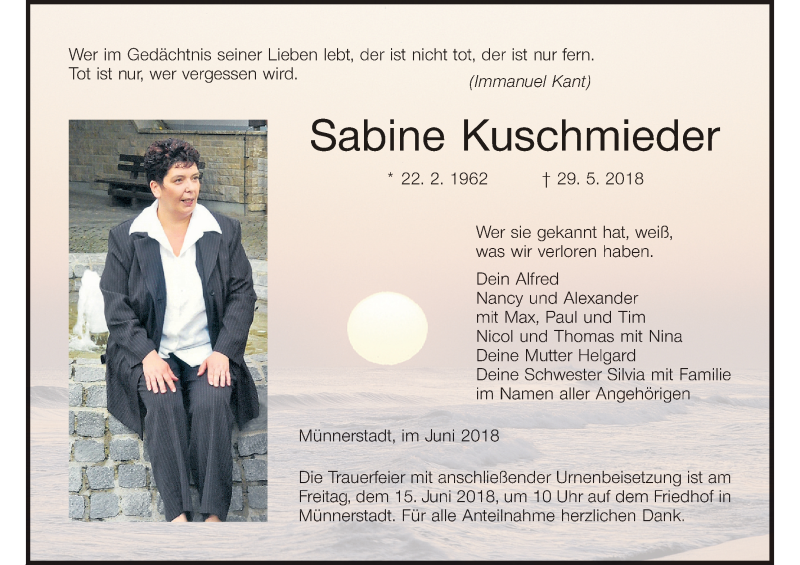  Traueranzeige für Sabine Kuschmieder vom 09.06.2018 aus MGO