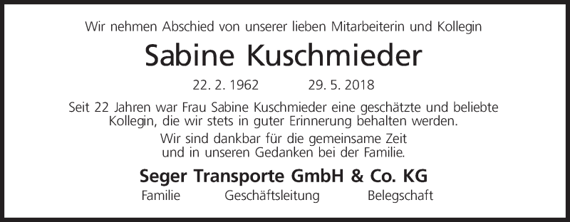  Traueranzeige für Sabine Kuschmieder vom 09.06.2018 aus MGO