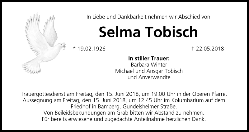  Traueranzeige für Selma Tobisch vom 13.06.2018 aus MGO