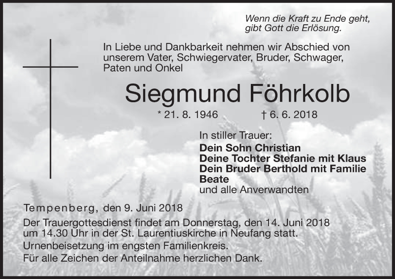  Traueranzeige für Siegmund Föhrkolb vom 09.06.2018 aus MGO