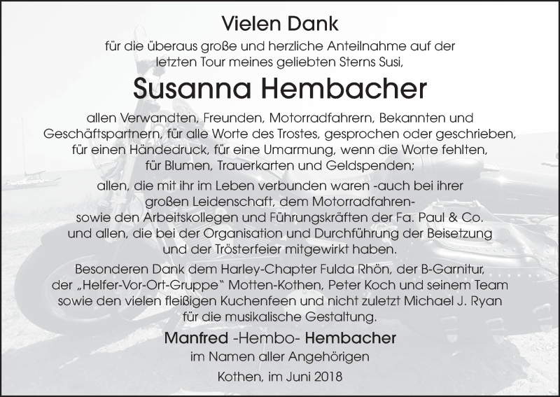  Traueranzeige für Susanna Hembacher vom 23.06.2018 aus MGO