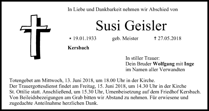  Traueranzeige für Susi Geisler vom 12.06.2018 aus MGO
