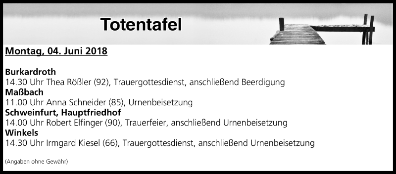  Traueranzeige für Totentafel vom 04.06.2018 vom 04.06.2018 aus MGO