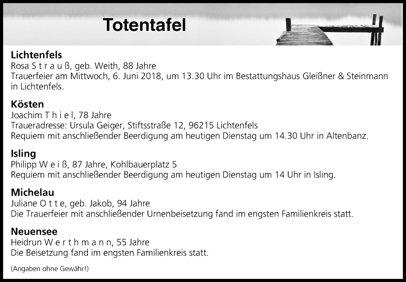  Traueranzeige für Totentafel vom 05.06.2018 vom 05.06.2018 aus MGO