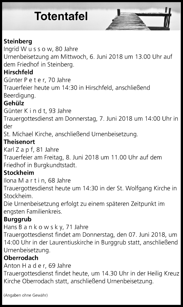  Traueranzeige für Totentafel vom 05.06.2018 vom 05.06.2018 aus MGO