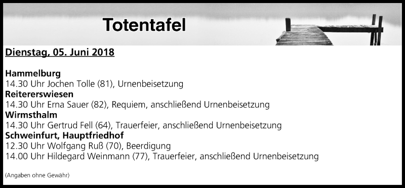  Traueranzeige für Totentafel vom 05.06.2018 vom 05.06.2018 aus MGO