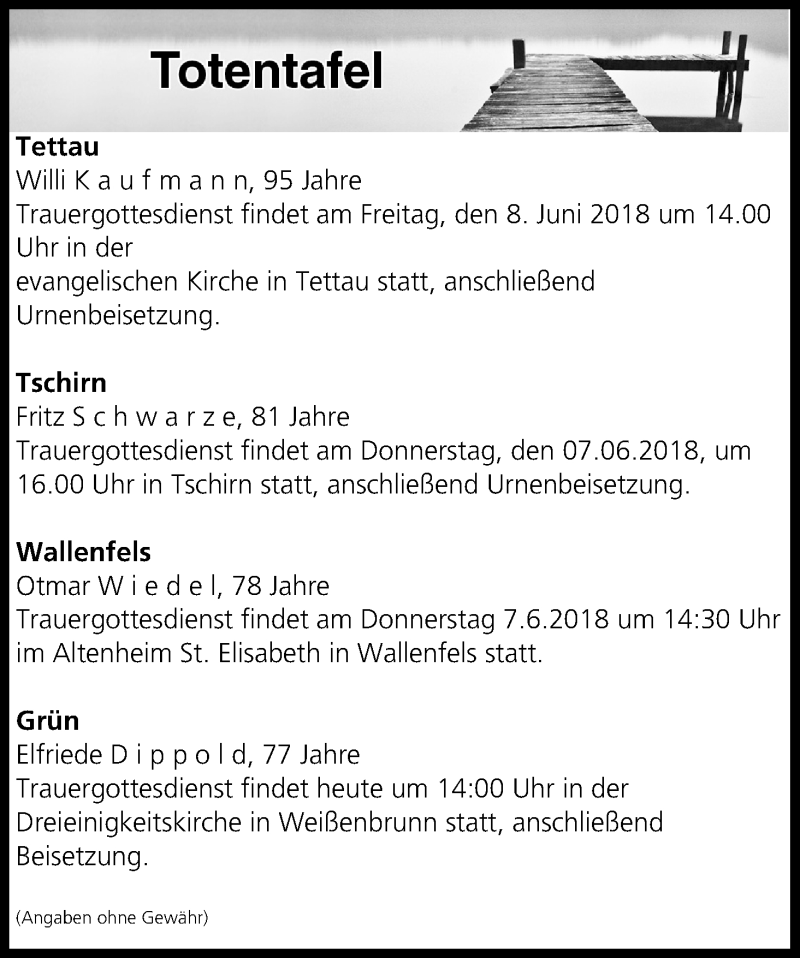  Traueranzeige für Totentafel vom 06.06.2018 vom 06.06.2018 aus MGO