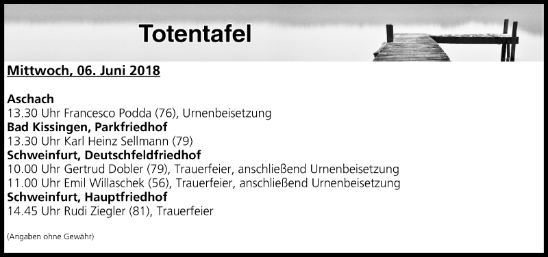  Traueranzeige für Totentafel vom 06.06.2018 vom 06.06.2018 aus MGO