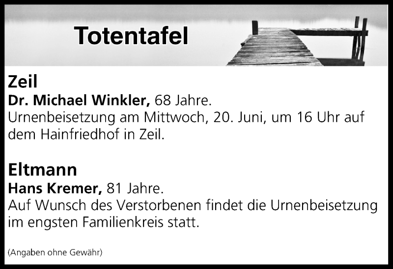  Traueranzeige für Totentafel vom 09.06.2018 vom 09.06.2018 aus MGO