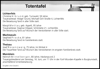 Anzeige von Totentafel vom 12.06.2018 von MGO