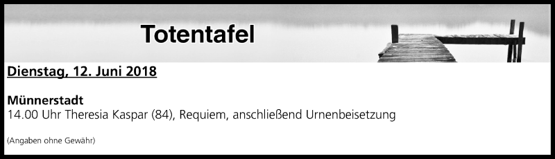  Traueranzeige für Totentafel vom 12.06.2018 vom 12.06.2018 aus MGO