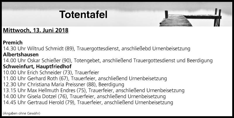  Traueranzeige für Totentafel vom 13.06.2018 vom 13.06.2018 aus MGO