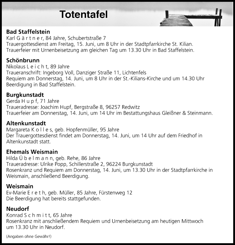  Traueranzeige für Totentafel vom 13.06.2018 vom 13.06.2018 aus MGO
