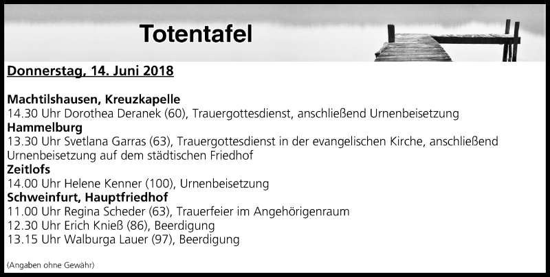  Traueranzeige für Totentafel vom 14.06.2018 vom 14.06.2018 aus MGO