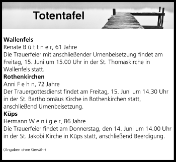 Anzeige von Totentafel vom 14.06.2018 von MGO