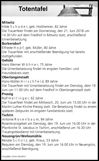 Anzeige von Totentafel vom 19.06.2018 von MGO