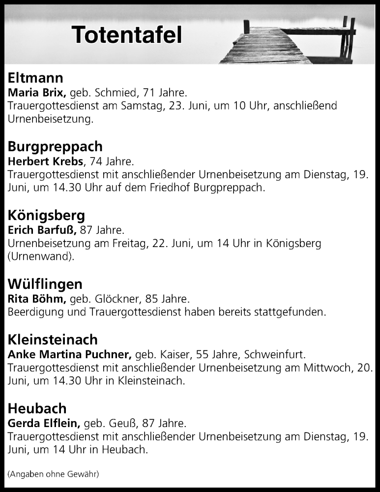  Traueranzeige für Totentafel vom 19.06.2018 vom 19.06.2018 aus MGO