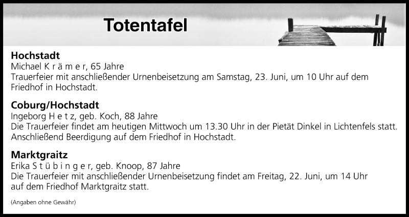  Traueranzeige für Totentafel vom 20.06.2018 vom 20.06.2018 aus MGO